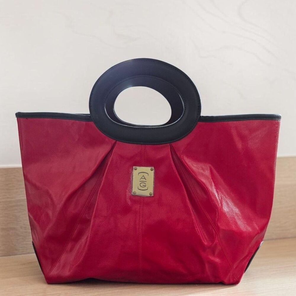 Red Patent Tote Bag Large Structured Glossy Shoulder Bag 16"